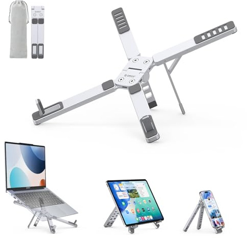 ORICO Bärbar datorhållare för resor och skrivbord, lätt hopfällbar aluminium 3-i-1 för bärbar dator, surfplatta och telefon, 5 justerbara höjder, för MacBook/HP/Dell/iPad/iPhone upp till 17 tum – PN1