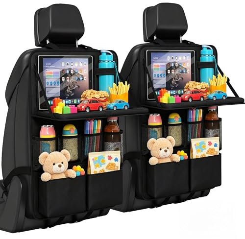 DULCE DOM Auto Organizer mit Klapptisch | 2er Set Sitzschoner für Kinder | 12 Staufächer, Wasserdicht & Robust | Rückbankschutz für Reisen, Urlaub & Alltag | Ideal für SUV, Limousine & Familie，Schwarz