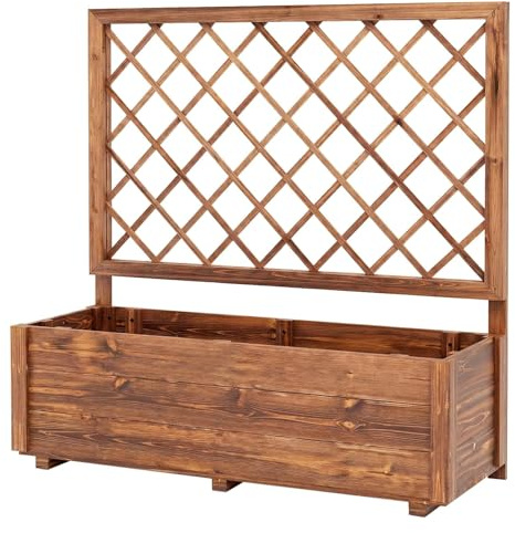 GiantexUK Raised Garden Bed with Trellis (Brown, 98x34x104cm) | Wood Garden Planter with Drainage Hole, Outdoor Flower Pots Elevated Planting Box for Climbing Plants Vine Herbs