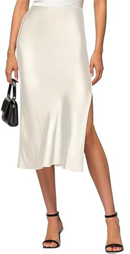 Womens Satin Midi Skirt Elastic Waist A-Line Flowy Silk Skirt with Side Slit Elegant Casual & Party Wear