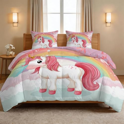 Generiskt täcke 240 x 220 cm 4 årstider – tecknad stjärnhimmel sommar täcke, tvättbar barnfilt utan överdrag – djur häst regnbåge bro moln – barnsängkläder med 2 örngott