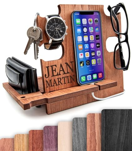 Docking Station in Legno Personalizzata – Regalo Anniversario per Lui Uomo, Organizzatore da Comodino, Supporto Smartphone, Portafoglio e Orologio – Idea Regalo Personalizzata per Marito, Fidanzato