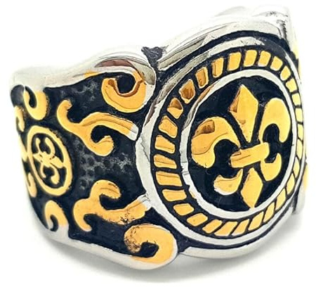 BOBIJOO Jewelry - Bague Chevalière Fleur de Lys Royaliste Or et Noire Acier Inoxydable Templier Chevalier - 58 (8 US)