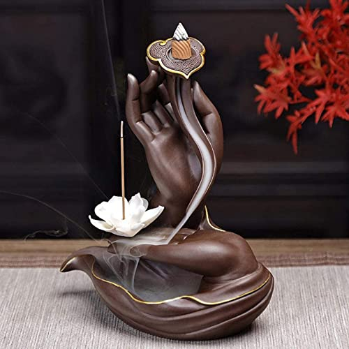 XUDREZ Quemador de incienso con borde de cerámica dorada con 20 conos de incienso de reflujo, quemador de cono de incienso de reflujo para el hogar