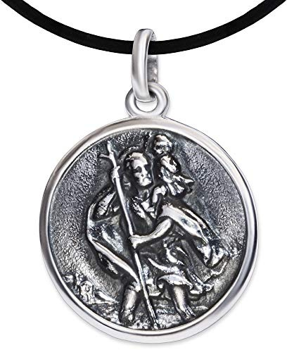 CLEVER SCHMUCK Christophorus Anhänger Ø 17 mm antik geschwärzt poliert mit hellen Rand glänzend 925 Sterling Silber und Band in Schmuckverpackung