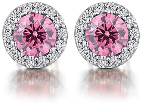 JiaYang Halo örhängen – runda slipade CZ diamantörhängen för kvinnor 925 sterling silver stiftörhängen med kubisk zirkonia, halokristall örhänge platinapläterad, present till kvinnor, levereras med presentask e sterlingsilver, colore: E-rosa, cod. jy-E453-p