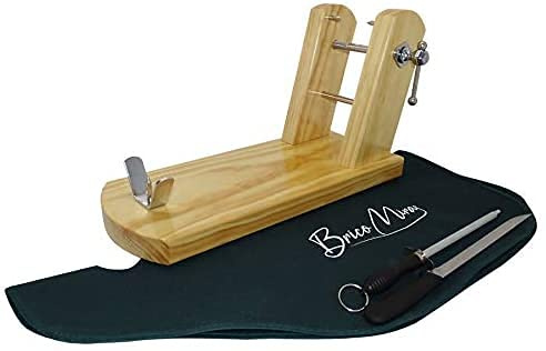 BRICOMIRAS - Jamonero Modelo Rioja en Madera de Pino | Incluye Cuchillo, Chaira y Cubrejamón Negro | Antideslizante, Diseñado en España | Ideal para Hostelería y Hogar, Natural, Pack 1