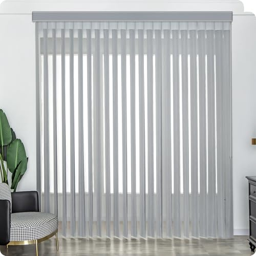 Graywind Manual Sheer Vertical Blinds Custom Size Adjust Light Fabric Sheer Free Wand Control Privacy Light Filtering Track Slats Set for Patio Sliding Glass Door Large Window (Light Grey)