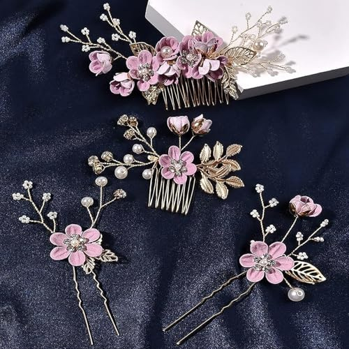 Exbrith 4 Stücke Kristall Braut Hochzeit Haarkamm, Blumen Haar Seitenkamm, Brautjungfern Hochzeit Haarschmuck, für in Brautjungfern Oder Blumenmädchen, Schlicht und Großzügig(Violett)