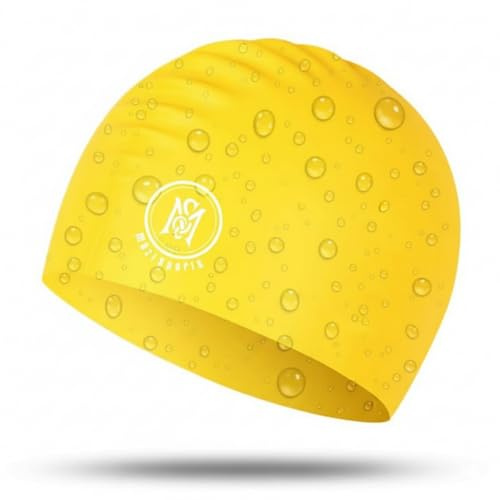 Bonnet de bain pour enfants - 100 % silicone imperméable, durable et sans odeur - Extensible, antidérapant - Bonnet de bain pour jusqu'à 5 à 12 ans avec pochette de protection (jaune)