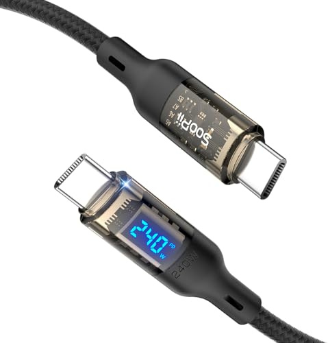 SooPii Câble USB C vers USB C [240W 1,2M],Câble à charge rapide avec affichage LED pour MacBook Pro,lPhone16/15/15Pro/15ProMax,Galaxy S24/S23+/S23 Ultra/S22 Ultra,Coque transparente,(Noir)
