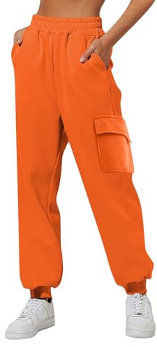 QWUVEDS Damen Sporthose Jogginghose Laufhosen Gummibund Sweathose mit Taschen Stoffhose Lange Yoga Hosen Sweathose mit Taschen High Waist Bequeme Lockere Freizeithose Fitness Loungewear XXL,B3-Orange