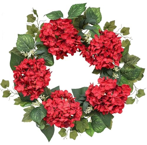 Hometrance Couronne de printemps d'hortensia bordeaux pour porte d'entrée, couronne d'été extérieure de 45,7 à 50,8 cm pour mariage, maison, décoration d'intérieur de ferme, pour toutes les saisons,