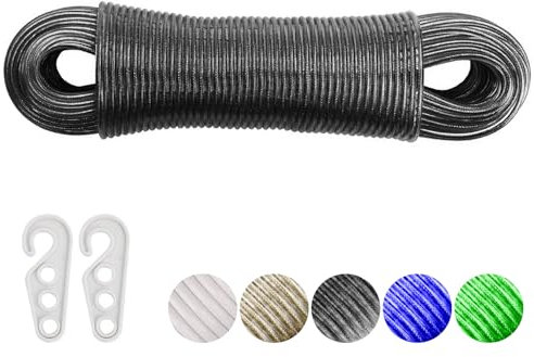 tallkeey Corde à linge avec noyau en acier, 20 m, corde à linge robuste avec 2 tendeurs, corde à linge solide pour intérieur, extérieur, jardin, noir, T-202465