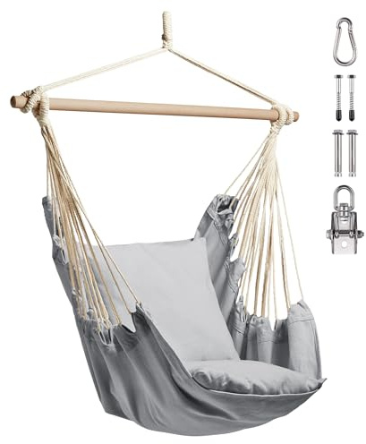 VonHaus Hanging Chair Outdoor with Attachments – Grey Garden Swing Seat & Hammock Chair, 1 Seater Rope Neutral Boho Style Portable Garden Seat for Garden, Patio, Terrace & Decking | Garden Swing Seat & Hammock Chair, 1 Seater Rope Neutral Boho Style, Portable Garden Seat for Patio, Terrace & Decking