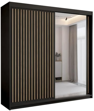 MN Furniture Roni Wide Wardrobe with Hanging Rails, Shelves and Drawers, Freestanding Closet Cabinet and Wardrobe with Sliding Mirror Doors for Bedroom (Black, 203cm)