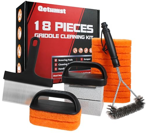 Grill-Reinigungsset für Blackstone, 18-teiliges Flat-Top-Grill-Reinigungsset mit robustem Schaber, Grillbürste, Reinigungsstein und Scheuerschwämmen, Grillzubehör-Set für einfache Wiederherstellung | Blackstone Grillzubehör Gusseisen Reiniger & Bimsstein Steine für Outdoor BBQ, Camping, Hinterhof Flat Top Grills.