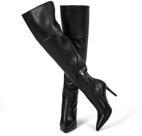 wetkiss Black Over the Knee Boots for Women 4 in Stiletto Heel Thigh High Ponited Toe Boots with Side Zipper Wide Calf Womens Black Boot High Heeled Fashion Dress Long Boot for Date Party, Size 9