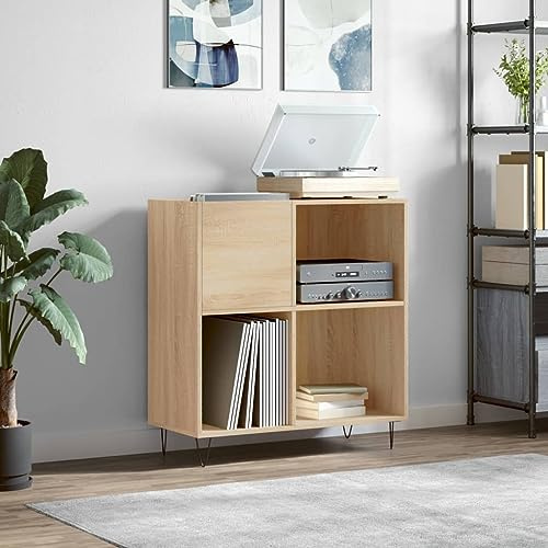 IKAYAA Tocadiscos de Vinilo, Mueble de Discos de Madera 84,5x38x89 cm, Estanteria CD, Mueble para Vinilos, FT23E Roble Sonoma