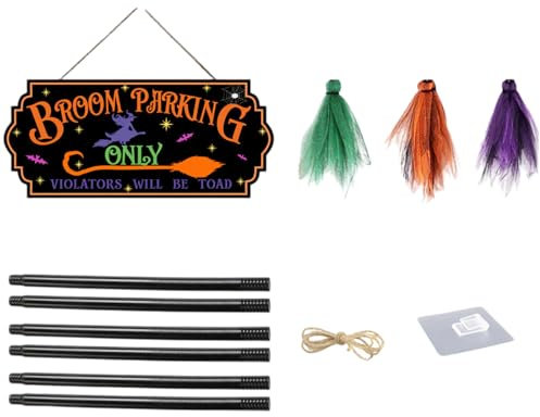 ZOOMIMI Halloween Witch Broom Parking Wall Sign with 3 Wood Brooms Handmade Broomsticks Signage Festival Home Decoration