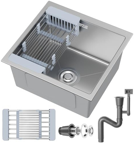 VELPAX Stainless Steel Kitchen Sink,40 x 40cm,Inset Kitchen Sink,with Waste Kit,Drain Pipe,Pull-Out Drainer Basket,Suitable for Bathroom,Caravan Travelling