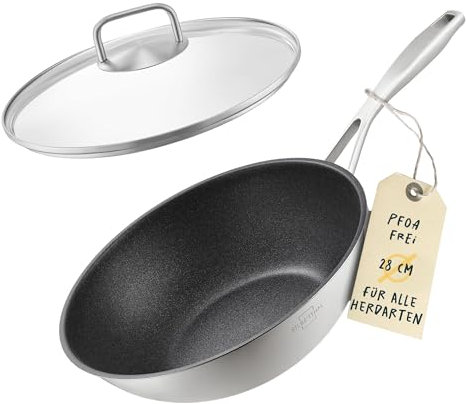 SILBERTHAL Wokpfanne mit Deckel beschichtet Induktion 28 cm - Edelstahl Wok zum Frittieren und Braten- Für alle Herdarten - Backofenfest bis zu 250°C
