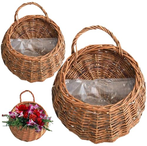 Fioriera sospesa 2 pezzi, fioriera in rattan naturale, vintage, cestino da appendere alla parete, cestino per piante, vaso da fiori in rattan da appendere alla parete, per casa, giardino, piante da in