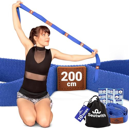 Seatwith Yoga Gurt mit 10 Schlaufen | Yoga Band 200x4cm | Dehnungsband für Beste Dehnen | Stretching Band | Yogagurt + Tasche & Training PDF