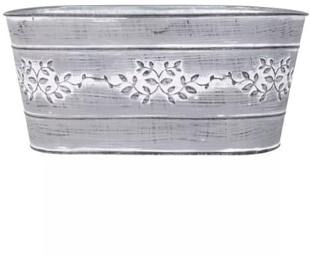 Grey Metal Leafy Vine Oval Tin Trough 24cm, 9inch Planter Indoor Outdoor Garden Flower Plant Pot Weather Proof (1)