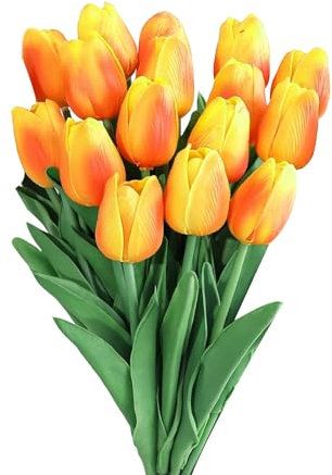 GIUSOBG Tulipani Artificiali 15 Pcs Fiori Artificiali Finti 34cm Tulipani in lattice Fiori Finti di Realistici Bouquet di Fiori finti per Casa per Matrimoni,Giardino (Arancione)