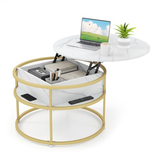 COSTWAY Couchtisch Höhenverstellbar, Wohnzimmertisch mit Hebeplatte & Versteckter Stauraum & Metallrahmen, 80 cm Runder Kaffeetisch für Arbeitszimmer, Wohnzimmer