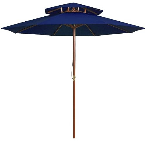 OOMRNV Ombrellone da Spiaggia A Due Piani con Palo in Legno Blu 270 Cm