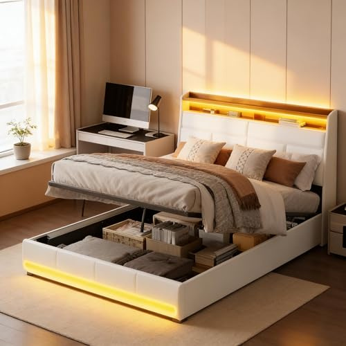 PerGar Cama tapizada de 160 x 200 cm, Cama Doble, cabecero con Iluminación LED, Moderna Camas Acolchada con Marco de Metal y Espacio de Almacenamiento, PU, sin colchón, Blanco