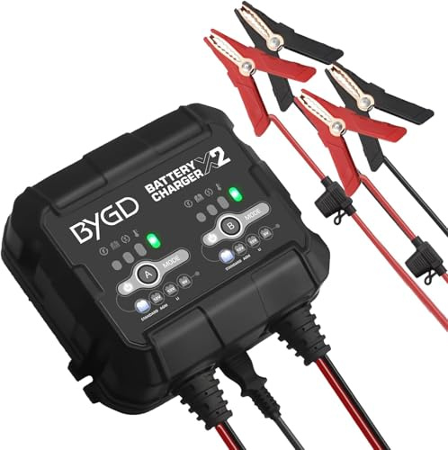 BYGD 4A Autobatterie Ladegerät 6V/12V Smart Vollautomatische KFZ Ladegeräte | 2 Kanal 4A Autobatterie Ladegerät mit LED-Anzeige und BMS, Gleichzeitiges Laden von Zwei separaten Autobatterien, 2A je Bank