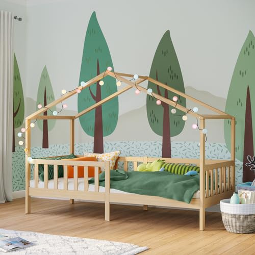 Bellabino Bia Kinderbett 90x200 cm, Hausbett, Natur, mit Rausfallschutz | Montessori Holzbett aus Massivholz Kiefer, mit Lattenrost, für Jungen & Mädchen, Kinderzimmermöbel, Bettgestell, Holzrahmen