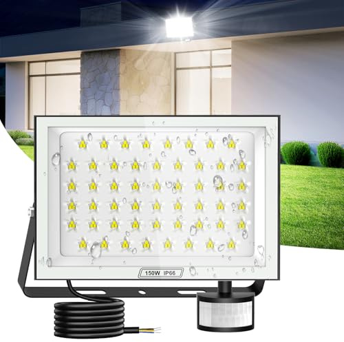 papasbox 150W Led Floodlight Outdoor, 15000LM Security Lights Outdoor Motion Sensor, IP66 Waterproof Spotlight, 6500K LED Work Light, PIR Lights with 50cm Cable for Garden Garage Court Patio