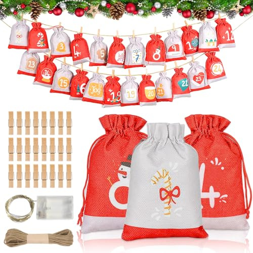 Adventskalender zum Befüllen, 2025 Groß Adventskalender Säckchen mit 24 Jutesäckchen, DIY Weihnachtskalender Selbst Befüllen mit Holzklammern und Hanfseil für Kinder Mädchen