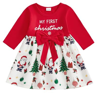 XIXIMAON Newborn Baby Girl First Christmas Dress Letter Santa Floral Bow Decor Long Sleeve Crew Neck Dresses Party Outfit Girls Autumn Winter Clothes (Red, 3-6 Months)