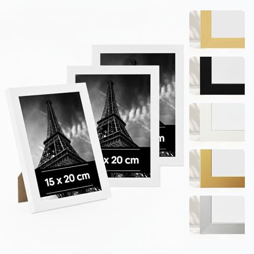 JCNORD 3 Stück Weiße Bilderrahmen aus Kunststoff, 15x20 cm – 3er-Pack 15 x 20 cm Rahmen mit Bruchsicherem Acrylglas – Moderner Fotorahmen für Wände und Tische