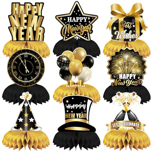 9 Pcs New Years Eve Decorations 2026, Black Gold Party Honeycomb Table Decorations, Hats, Fireworks, Balloons Festive Theme Supplies, Colourful Honeycomb for New Year Celebrations Family Gatherings