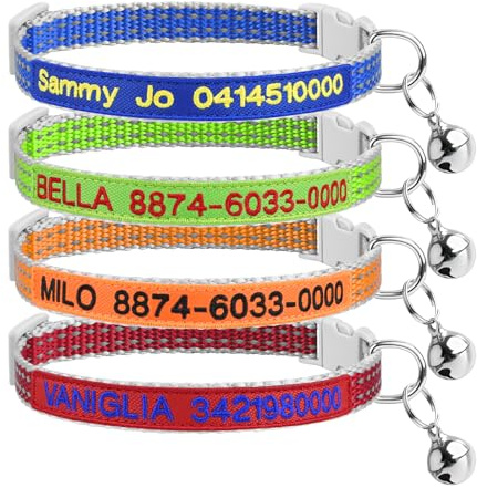 Reflektierendes Katzenhalsband mit Glöckchen, Sicherheitsschnalle, verstellbar, personalisierter Name und Telefonnummer für Kätzchen/Katzen (reflektierend)