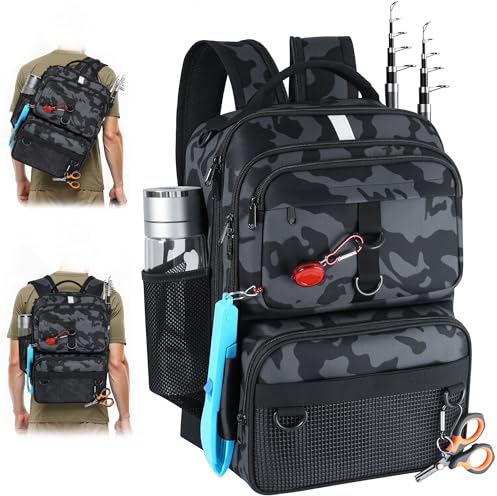 Fishing Backpack with Tackle Boxes and Rod Holder, Fish Lure Kit and Tool | Waterproof Tackle Backpack 24L Fishing Bag with Fishing Gear, Accessories, Gifts for Men Women Outdoor Camo Back Pack