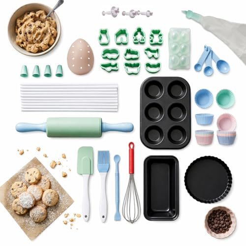 Kids 59 Piece Baking Set | Real Junior Chef Baking Supplies Kit | Includes Utensils, Tins, Moulds, Cookie Cutters, Measuring Spoons & More | Perfect Gift for Children | Age 4 +
