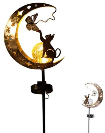 Sinlay Solar Cat Moon Garden Light, Waterproof Metal Butterfly Cat Solar Lights for Garden, Warm White LED Cat Garden Ornaments Outdoor for Lawn Patio Flower Bed