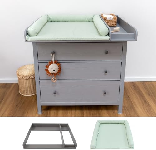 Limmaland Wickelaufsatz Set für graue IKEA HEMNES 108 cm – mit Wickelaufsatz aus hochwertigem MDF sowie Wickelauflage & Umrandung aus 100% Baumwolle (Eukalyptus Light, Aufsatz & Auflage)