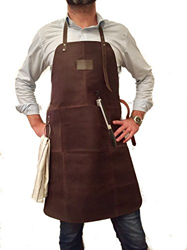 GRILLSCHÜRZE 100% echtes Leder, sehr edel, super Geschenk. Beste Qualität!!! Dunkelbraun Echtleder Arbeitsschürze, Schweißerschürze, Kellner Schürze, Leder 57x82cm 1,5 mm