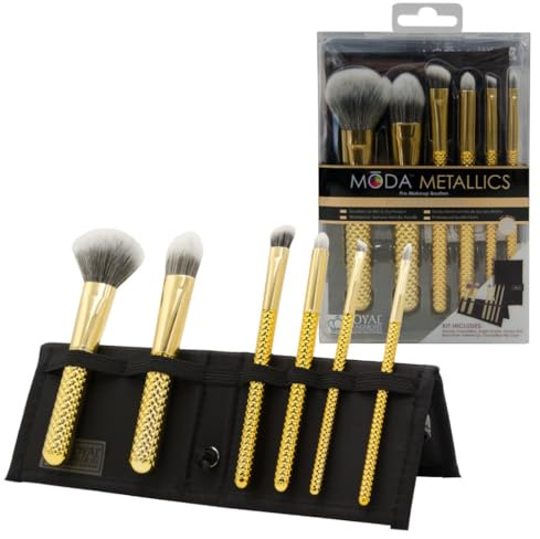 Moda Royal & Langnickel - Set di pennelli da trucco per viso con custodia, include cipria, fondotinta, ombretto angolare, occhi fumosi, matita per sopracciglia e pennelli per labbra appuntiti, oro