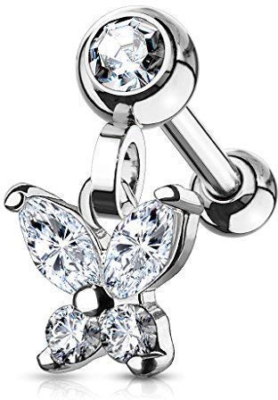 Tapsi´s Coolbodyart® Ohr Cartilage Tragus Barbell Edelstahl Chirurgenstahl 316L Silber Zirkonia Schmetterling Anhänger
