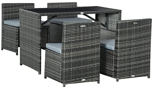 Outsunny 5-teiliges Polyrattan Gartenmöbel-Set, wetterfest Balkonmöbel für 4 Personen Terrassenmöbel mit Tisch 4 Stühle Kissen, Lounge-Set Essgruppe Sitzgruppe für Balkon, Garten, Grau