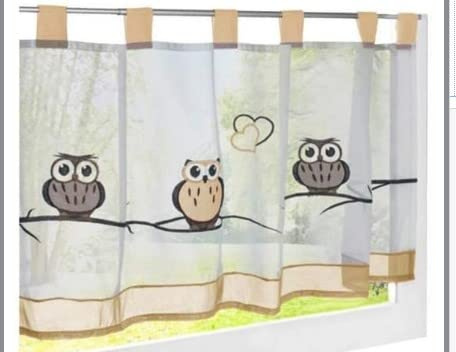Devola Scheibengardine Eule-Muster Bestickte Kurzgardine Transparente Voile Bistrogardine Schlaufen-Kurzstore Tür Gardine Küche Fenstergardinen HxB 30x120cm Sand 1er Pack